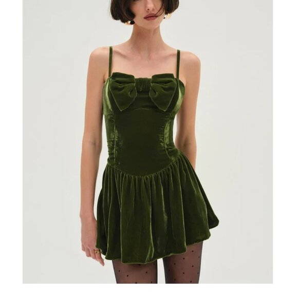 NWT FOR LOVE AND LEMONS MARTINI GREEN VELVET MINI DRESS WITH BOW SIZE XXS - Picture 1 of 8
